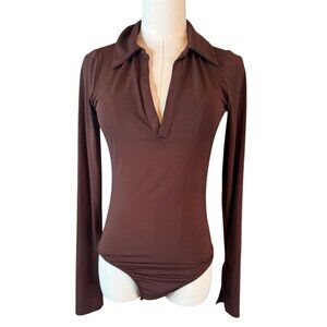 Zara Brown Small Long Sleeve Collared Bodysuit Snap Closure